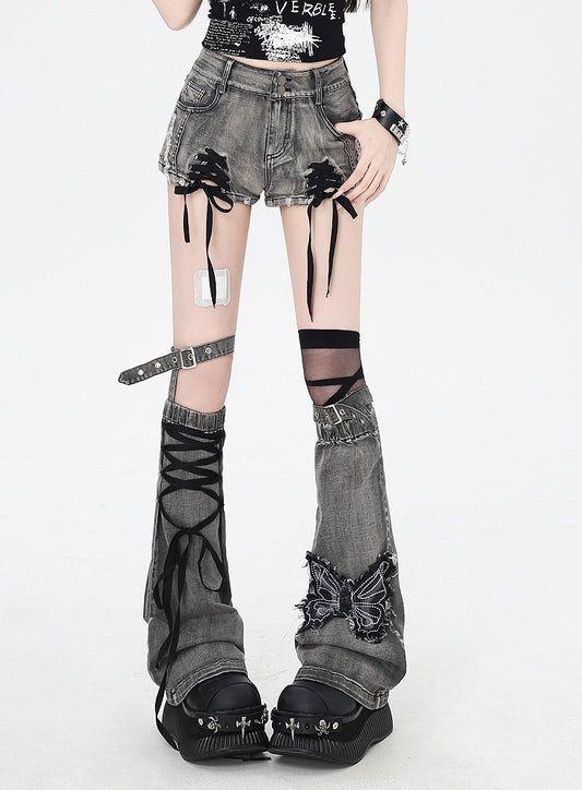 Butterfly with Leg Dusty Gray Lace-up Details Applique Warmers Hem Denim Shorts