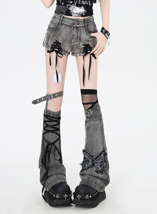 with Applique Dusty Gray Lace-up Details Butterfly Warmers Hem Denim Shorts Leg