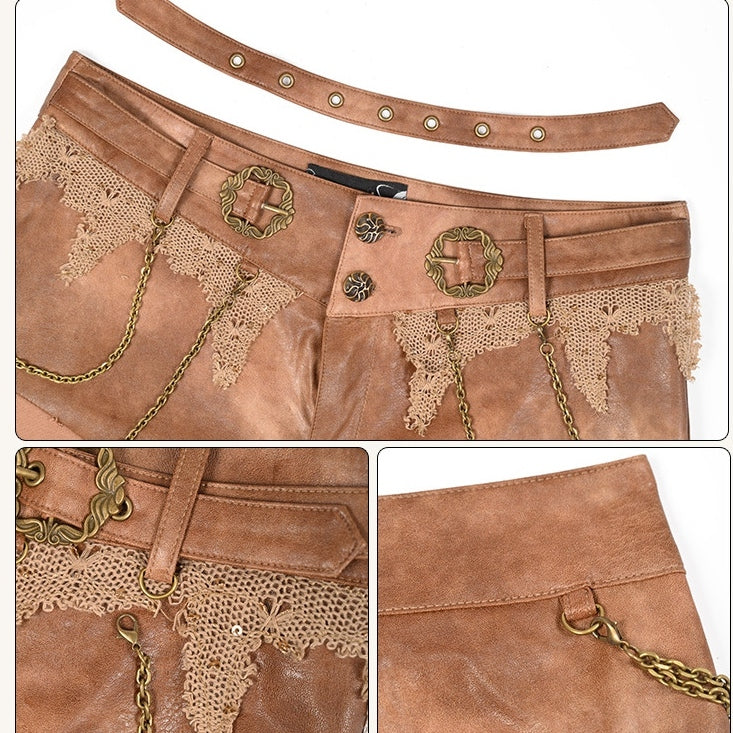 Waist Brown Distressed Low Wasteland Punk Shorts with Chain Accents