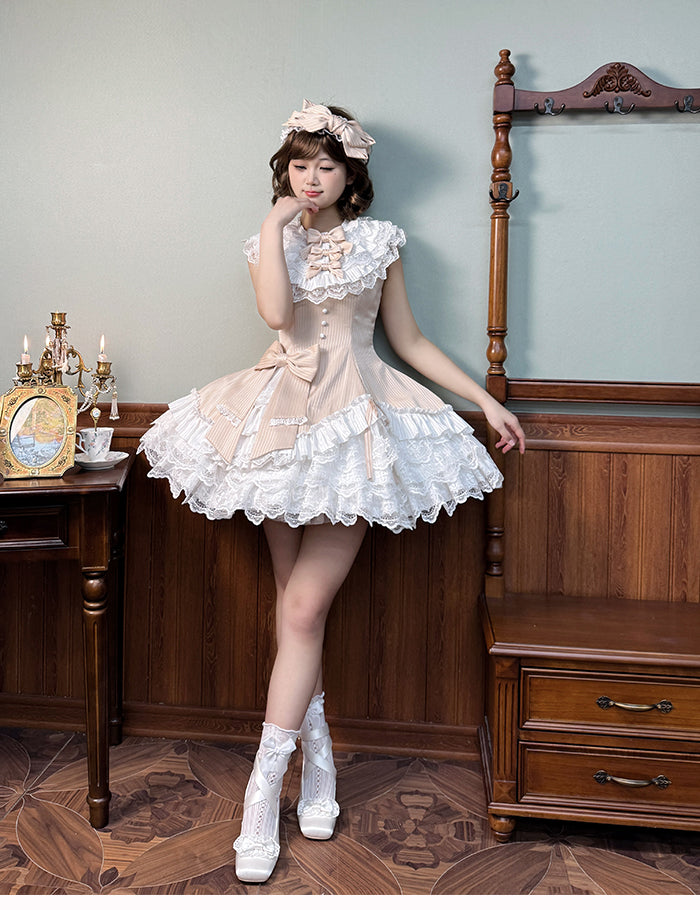 Champagne Striped Fabric Slim Fit Waist Layered Ruffle Neck Sweet Lolita Sleeveless Dress