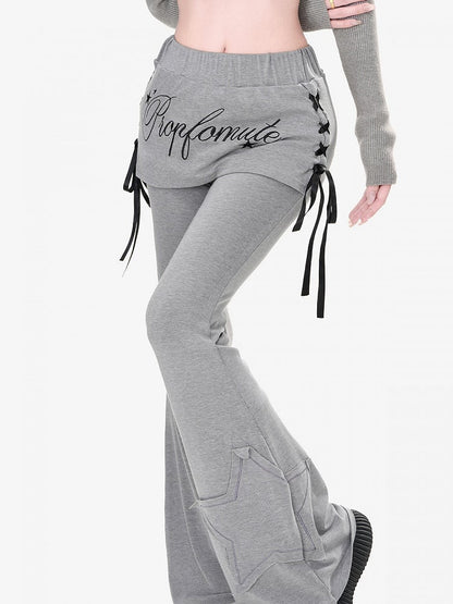 Grey Star Applique Glamorous Flared Pants with Lace-up Detail at Side