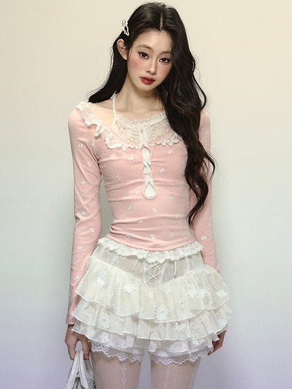 Neckholder-Top mit Spitzenbesatz und Schleifenmuster in Pink