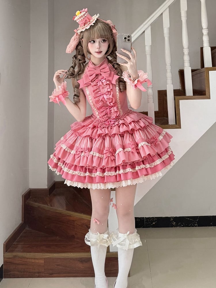 Sweet Bow Dress Ruffle Accents Lolita Pink Tiered Halter Rose Neck Skirt Idol