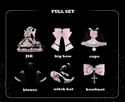 Black and Pink High Waist Sweet Witchy Dress Lolita Jumper Skirt Full Set