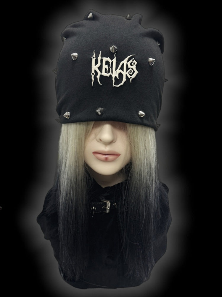 Y2K Black Metallic Letter Details Studs Punk Slouchy Beanie