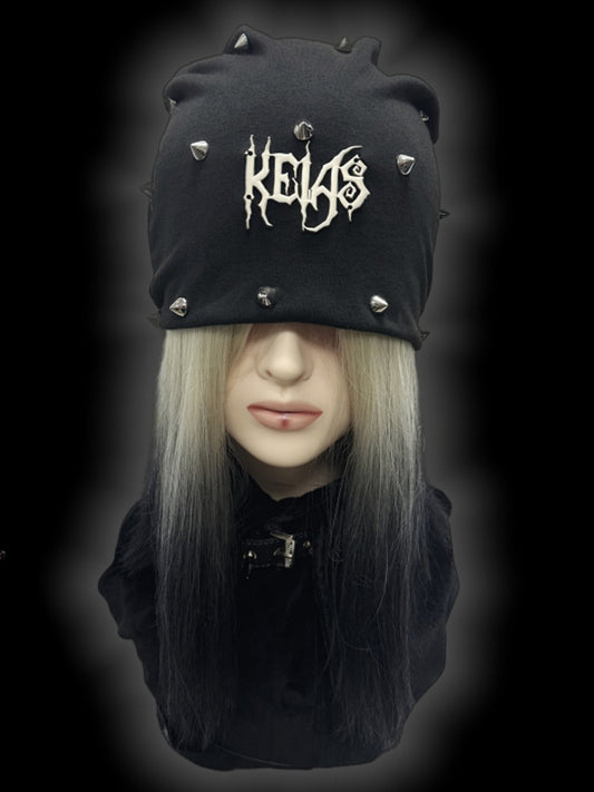 Y2K Black Metallic Letter Details Studs Punk Slouchy Beanie