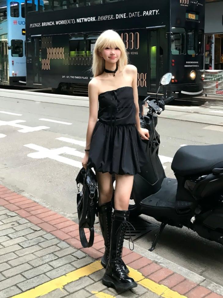 Skirt Self-Tie Strap Neckline Glamorous Strapless Dress Black Bubble