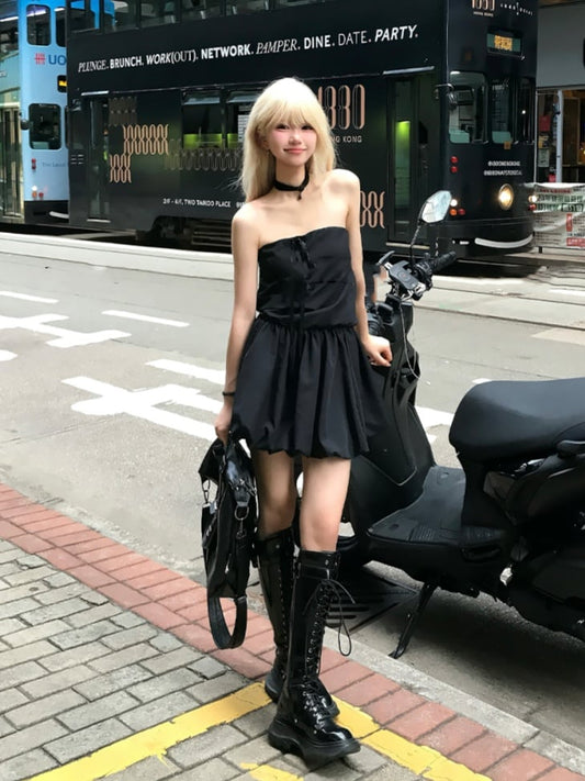 Skirt Self-Tie Strap Neckline Glamorous Strapless Dress Black Bubble