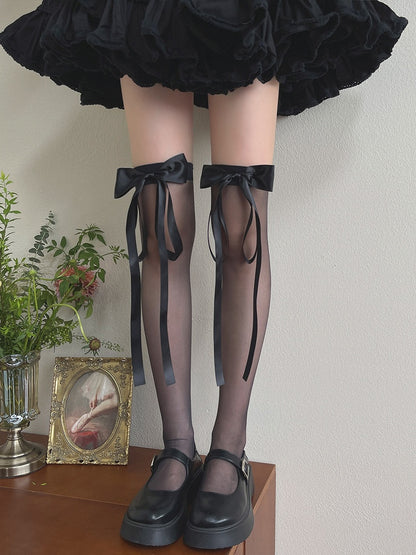Semi-sheer White/Black Bowknot Milk Overknee Design Stockings