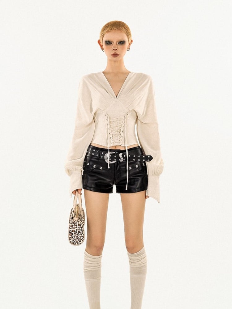 Fit  Rhinestone Belt Punk PU Studded Black Shorts with Bodycon