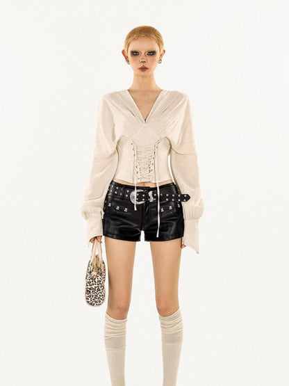 Fit  Rhinestone Belt Punk PU Studded Black Shorts with Bodycon