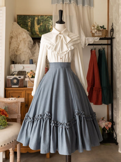 Dusty Blue Ruffle Trim Flounce Hem Skirt Midi Length Lolita Skirt