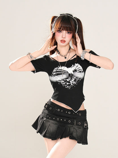 Black/White Asymmetrical Neckline Curved Hem Glamorous Graphic T-shirt