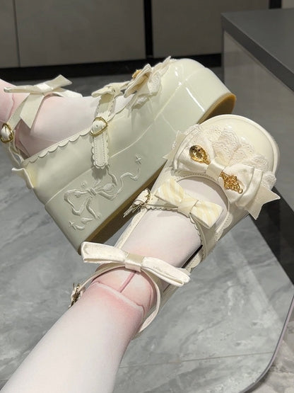 Lolita Sweet Platforms Spoon Details Decorated Bowknot White