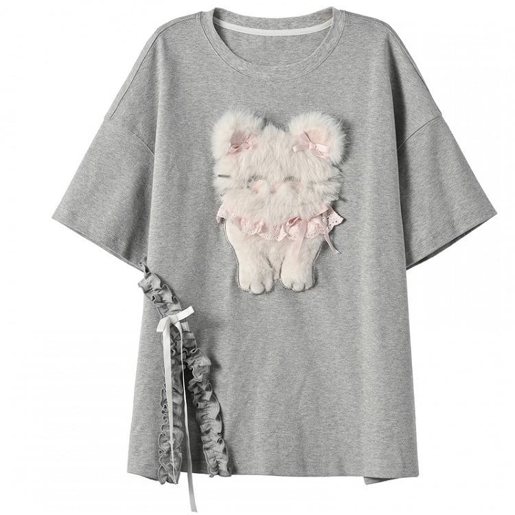 Pink/Gray Round Neck Plush Kitty/Bear T-Shirt