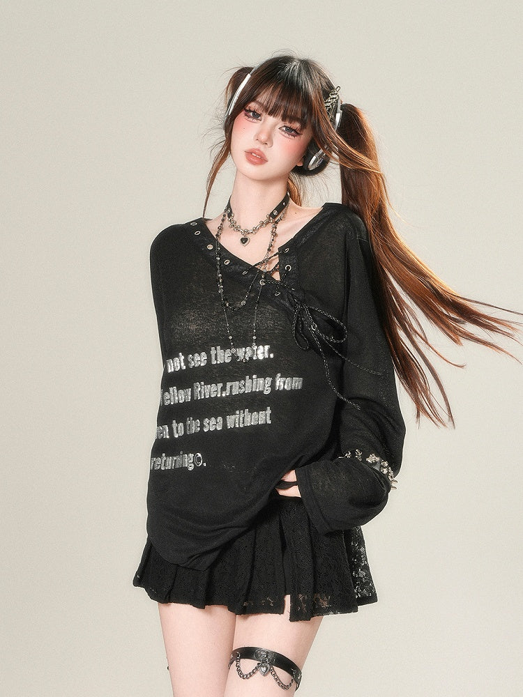 Black/White Semi-sheer Asymmetrical Neckline Sun Protection Top with Lace-up Detail