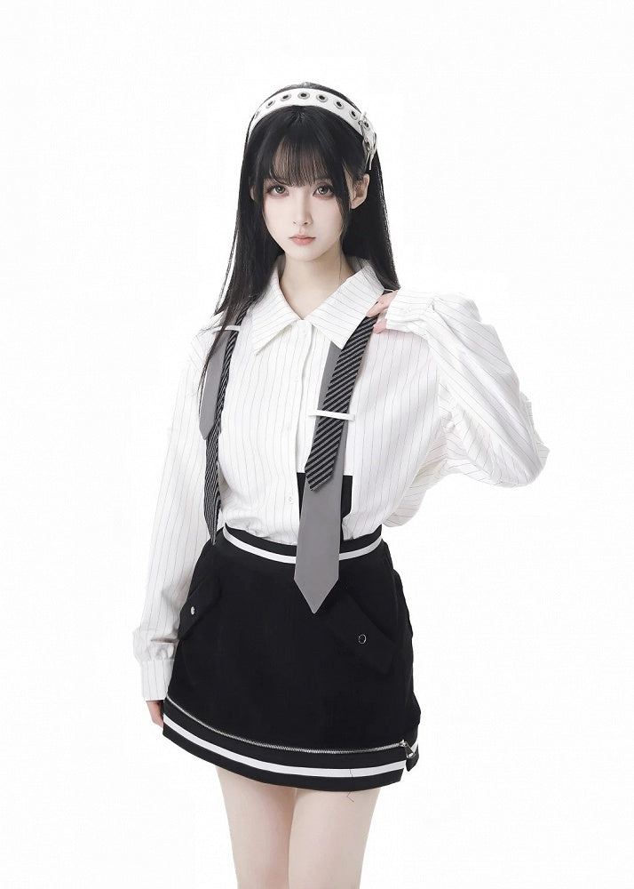 White Necktie Design Striped Shirt