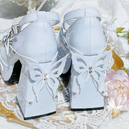 Light Blue Bowknot Stud Butterfly Platform High Block Heels Lolita Shoes