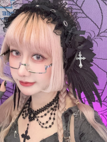 Black/White Cross Wing Lace Trim Gothic Lolita Hairband