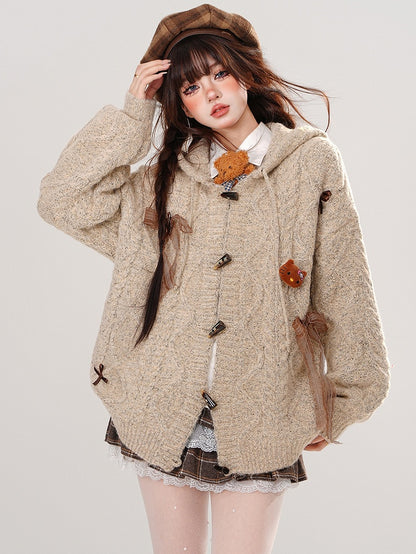 Khaki Bow Accents Hooded Loose Cardigan