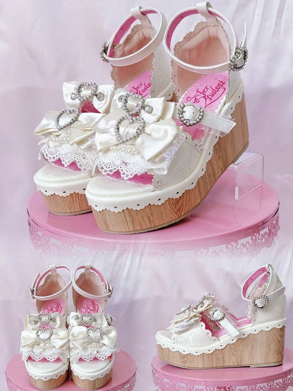 Sandals - Lolita White Heart Platform Beaded Buckles Old School