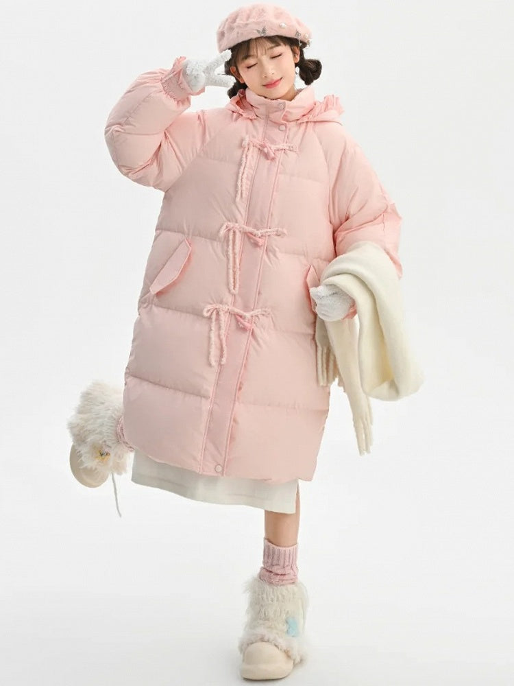 Pink Hooded Down Bowknot Horn Shaped Button Coat