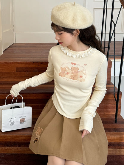Apricot Bunnyand Teddy Bear Long Sleeves Top Ruched