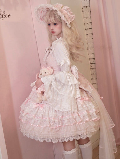 Pink Hanayome Bowknots Decorated Layered Skirt Sweet Hime Lolita Jumper Skirt Set