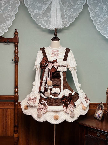 Dress and with Scalloped Brown White Sweet Trim Lolita Overalls Pom-poms Bowknots Edge