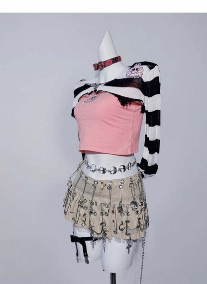 Punk Khaki Asymmetrical Hem Pin Skeleton Cross Skirt