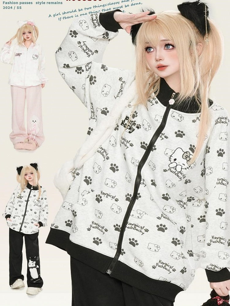 Black/Pink/Light Blue Kitties Allover Zip Closure Sweatshirt