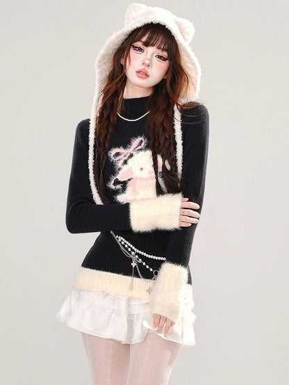 Black Cute Lamb Pattern Mock Neck Slim-fit Sweater