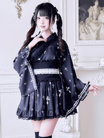 Belt and Back Big Black Hem Black/White with Corset Bow Ruffle