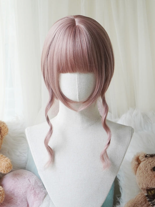 Pink Bob Cut Straight Wig With Bangs＋Double Long/Short Ponytail Claw Clips