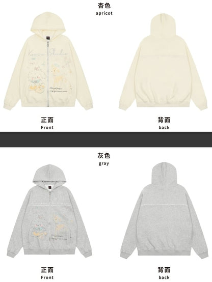 Grey/White Cartoon Animal Print Spring Zip Hoodie