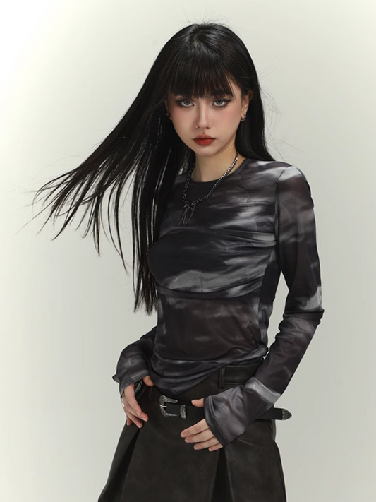 Black Round Neck Tie Dye Slim-fitting Top