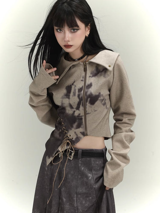 Wasteland Punk Khaki Asymmetrical Hem Cropped Jacket with Lace-up Detail at Front