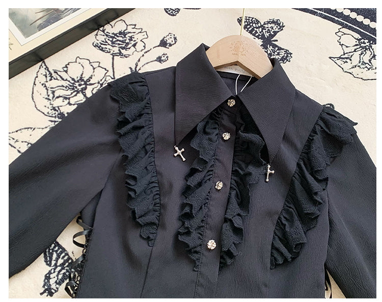 Black Lace Trimming Cross Charm Collar Ouji Lolita Shirt