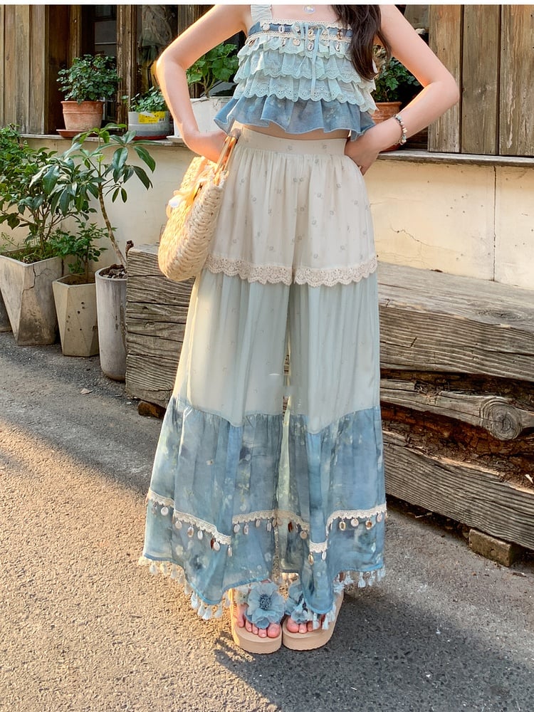 Tassel Hem Shell Charm Wide-Leg Holiday Pants Blue Colorblock Design
