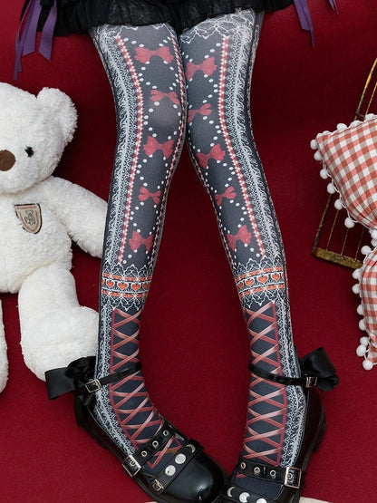 Red/Black Sweet Lolita Bowknot Heart Print Tights