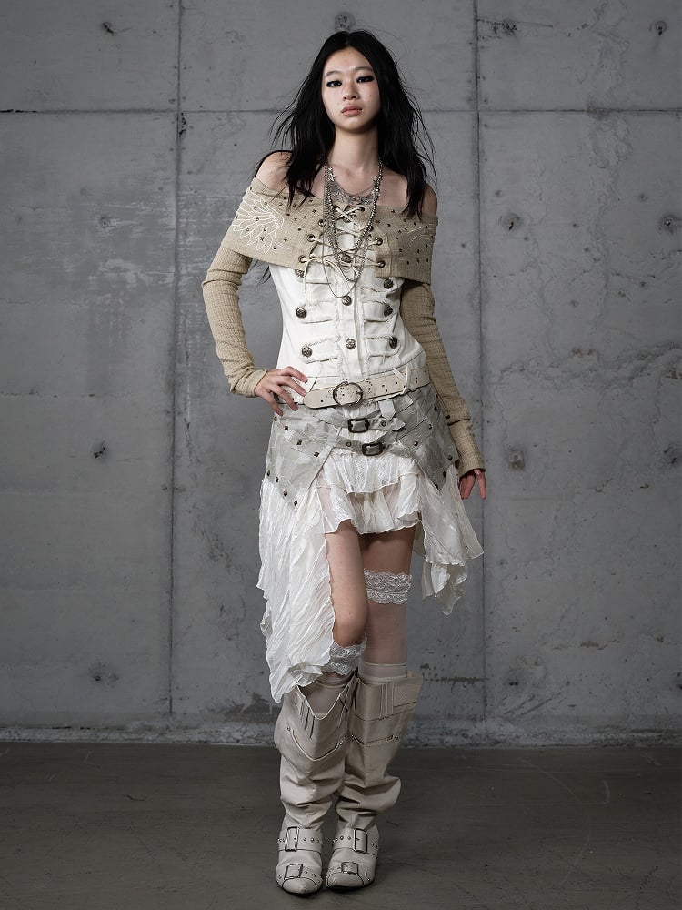 Asymmetrical Beige Punk Skirt with PU Studded Detail