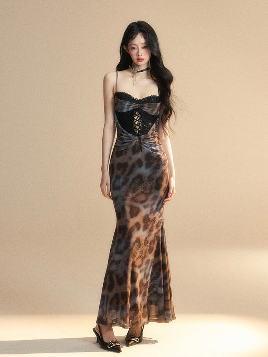 Glamorous Back Detail Lace Gathering Details Slip Dress Grey Leopard Cutout Patches
