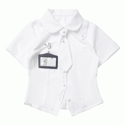 White Peter Pan Collar Short Sleeve Shirt Tie and Holder Card with