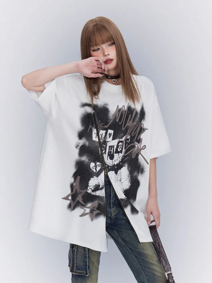 White Round Neck Printed Loose T-Shirt with Zipper Detail