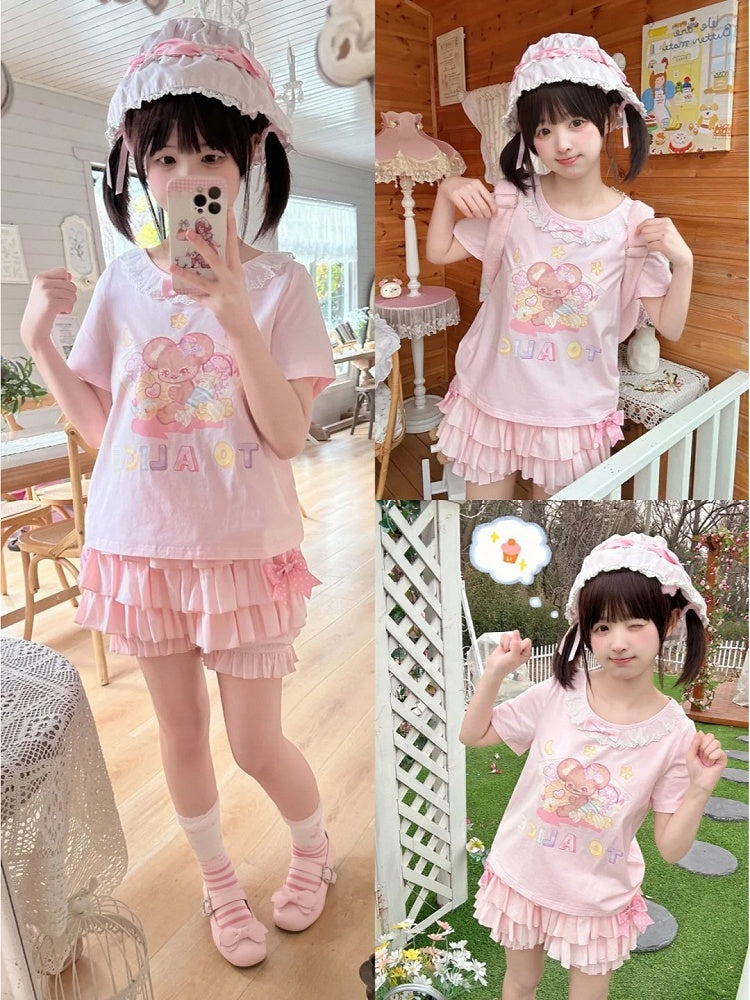 Short Version Adorable Mouse Print White/Pink Lace Trim T-Shirt
