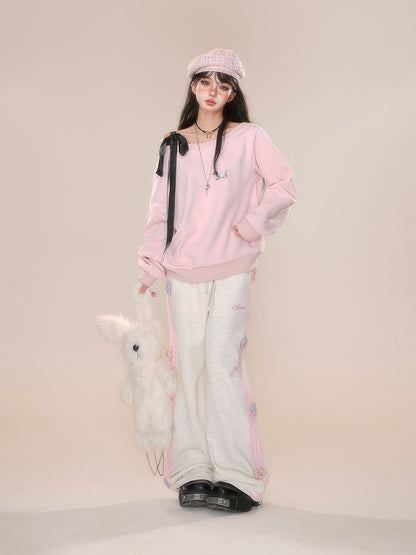 Design Straight-leg Floral Gray/Pink Cut Pants