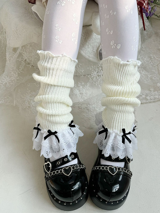 Jambières Lolita à bordure en dentelle et nœud blanc