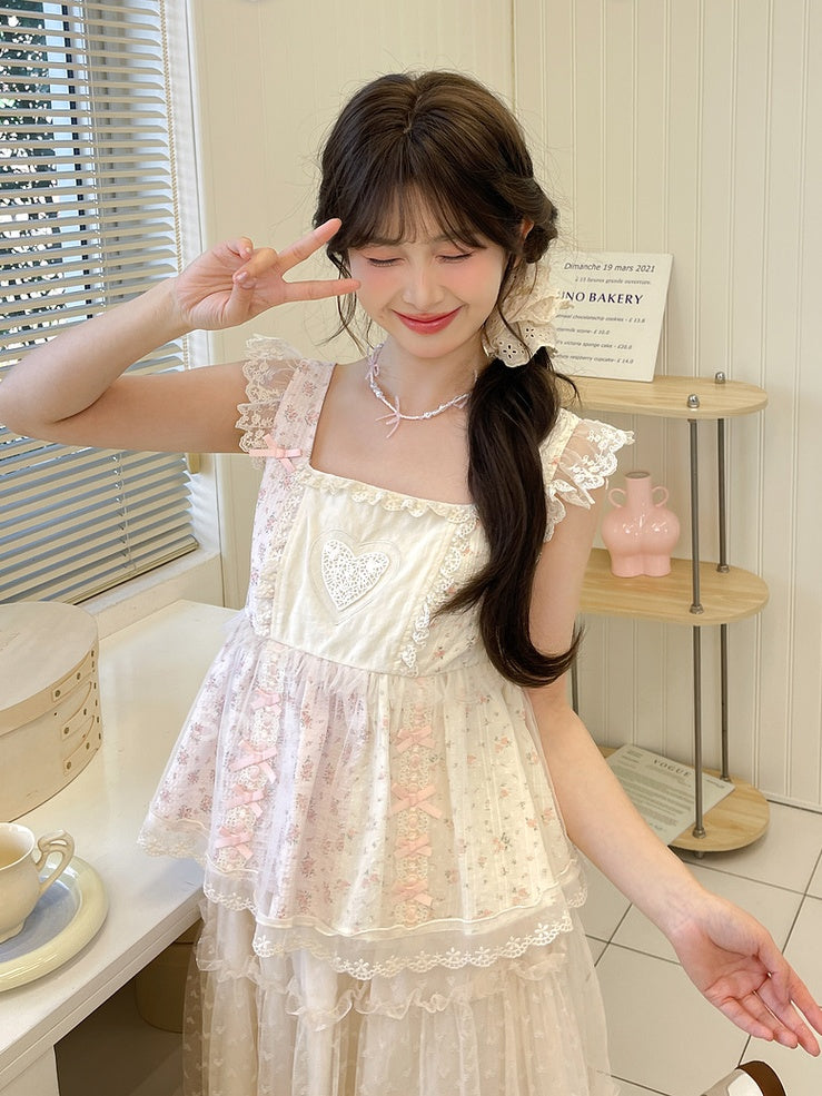 Pink Flutter Sleeve Bowknot Ruffled Floral Tank Top Lace Trim Details