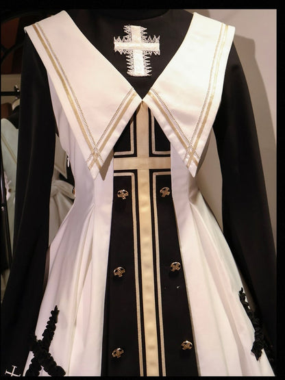 White and Black Nun Lolita Dress Full Set-Bell Sleeves Nun Dress + White Cape + Black Bow Accessory