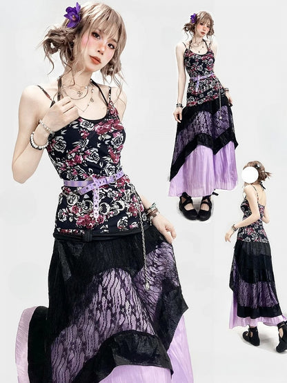 + Floral Top Halter Underskirt Cami Skirt Lace Set- Dress Holiday Neck Black Purple Bittersweet
